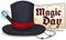 Magic Top Hat, Cards, Scroll and Wand for Magic Day, Vector Illustration