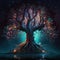 Magic tree with curved branches and roots standing on dark, blue mystique forest at night. Pink leaves, lights
