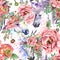 Magic unicorn watercolor pattern. roses flowers seamless background