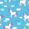 Magic vector fairytale seamless pattern with cute colorful unicorns, clouds and stars