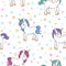 Magic vector fairytale seamless pattern with cute colorful unicorns and stars