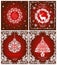 Magic vintage greeting red cards for winter holidays with cut out paper white wreath, Christmas tree, hanging ball, snowflakes, fl