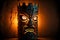 magic voodoo wooden totem tiki mask with glowing eyes