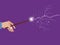 Magic wand. Magic stick in hand. Magic lightning. Rose quartz and serenity violet background.