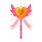 Magic wand vector icon. Pink stick with ornament, gold heart with wings and ribbon. A shining tool for a wizard, fairy, princess.