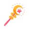 Magic wand vector icon. Pink stick with sparkling crescent moon, star, bow. A shining tool for a wizard, fairy, girl princess. A