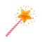 Magic wand vector icon. Pink striped stick with a glowing gold star. A shining tool for a wizard, fairy or girl princess. A
