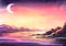 Magic watercolor landscape of river at dusk. Starry colorful sky with young moon above slow flow with colorful ripples between