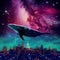 Magic whale over the city, illustration