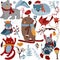 Magic winter animals, cute bear on skis, sleeping wolf, funny cat, polar bear, winter colorful leaves and flowers