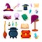 Magic wizard items set. Potion auldron magic wand scroll book with spells broom flying chest cards multicolored energy