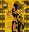 Magic woman with gold snake and mystical sphere of light. Wearing a black hood and outfit