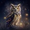 Magic woodland owl at starry night sky. Fairy bird in fantasy forest. Generative AI