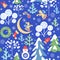 Magic Xmas blue wallpaper with seamless paper cutting pattern with snowy firs and trees, little angels and snowman, crescent, Chri