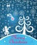 Magic Xmas greeting blue card with funny Christmas tree, paper cutting angel and Christmas star, snowflakes, hanging baubles and l