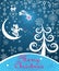 Magic Xmas greeting blue card with funny Christmas tree, paper cutting angel, crescent and Christmas star, snowflakes, hanging bau