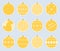 Magic, yellow christmas balls stickers isolated on gray background. High quality vector set of christmas baubles.