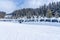 Magicagic carpet ski lift in a glass tunel. Snowy winter day in the french ski resort.