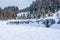 Magicagic carpet ski lift in a glass tunel. Snowy winter day in the french ski resort.