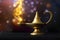 Magical Aladdin lamp, with golden glittery smoke coming out; make a wish