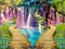 Magical beautiful inspiring scenic landscape with waterfalls and a bridge in the form of a heart. Valentine`s Day, February 14 -