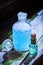 Magical blue potions in witch cottage for Halloween