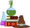 Magical books, poisonous potion and bewitched hat in house of witch.