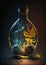 magical bottle with glowing blue and yellow leaves on dark background
