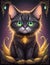Magical cat with the corn, glowing eyes, cute face, oil painting, fantasy, sticker