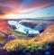 Magical charming bright colorful  landscape with a famous Gullfoss waterfall in the sunrise in Iceland. Exotic countries. Amazing