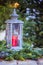 Magical Christmas market decoration: Lantern with a candle and fir branches