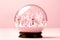 Magical Christmas snow globe with toy city, trees and clouds on pink background. Christmas season