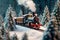 magical Christmas train travels through a snowy landscape among forests and mountains