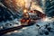 magical Christmas train travels through a snowy landscape among forests and mountains