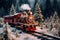 magical Christmas train travels through a snowy landscape among forests and mountains