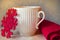 Magical Christmas - white mug, red snowflake and knitted scarf -cozy winter holiday time