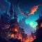 Magical City Skyline with Castles and Dragons, Made with Generative AI