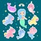 Magical creatures. Narwhal, unicorn mermaid, pegasus stickers ve