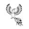 Magical creatures set. Mythological bird - phoenix. Doodle style black and white vector illustration isolated on white