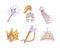 Magical cute princess icon set. Icon collection of fairytales objects - helmet, tiara, bow and arrows, crown, magic wand