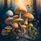 Magical dark night forest with fungi concept art illustration