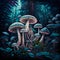 Magical dark night forest with toadstools, concept art illustration