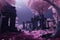 magical dark purple forest with ruins of ancient civilization