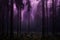 magical dark purple forest with stormy skies, lightning bolts, and thunder