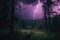 magical dark purple forest with stormy skies, lightning bolts, and thunder