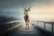 magical deer sitting on wooden bridge, looking straight ahead