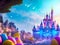 Magical Easter Eggs And Neon Glowing Castle With Shooting Stars In The Sky - AI Generated Illustration