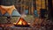 Magical Evening Campfire, Chairs and Tent in Enchanting Forest. created with Generative AI