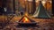 Magical Evening Campfire, Chairs and Tent in Enchanting Forest. created with Generative AI