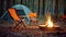 Magical Evening Campfire, Chairs and Tent in Enchanting Forest. created with Generative AI